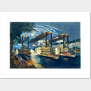 Steamboats Racing on the Mississippi Posters and Art